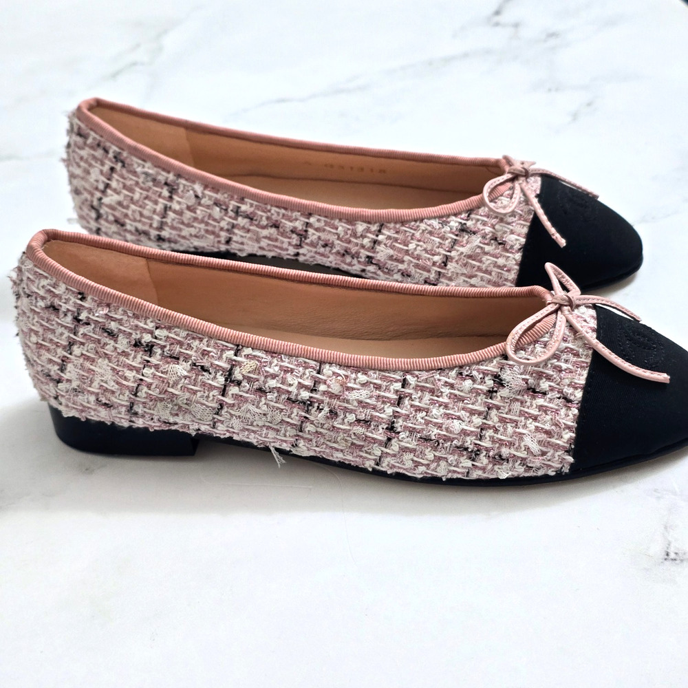 Chanel Pink Tweed Grosgrain Cap Toe Bow Ballet Flats Women’s US 9 EU 39C - Picture 2 of 9